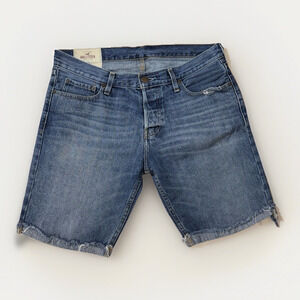 Hollister Jean Shorts Mens 33 Blue 9" Inseam Button Fly MediumWash Denim CutOff